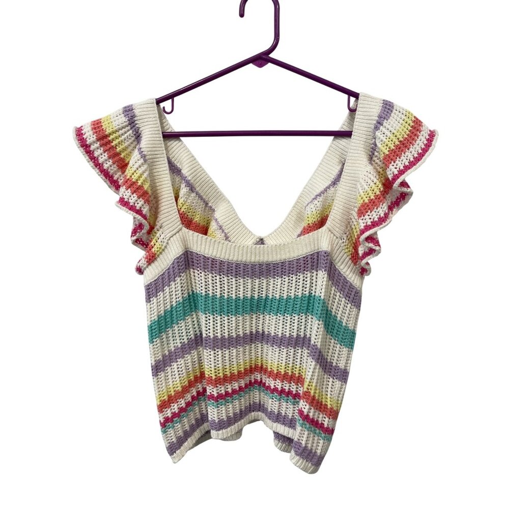 Weekend Los Angeles Top Size Medium Ruffle Sleeve Square Neck Crochet Knit Cozy